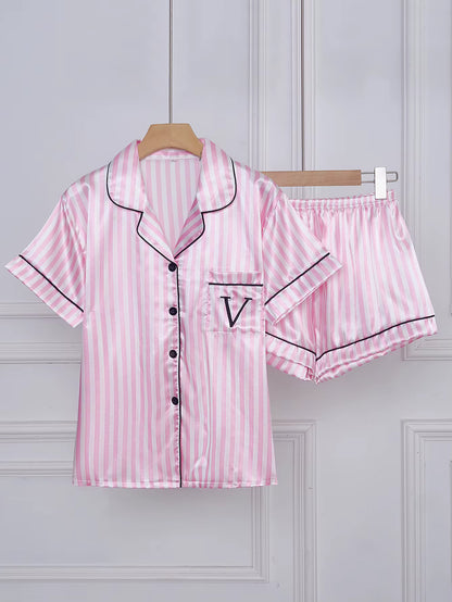 Women's Satin Pajama Set | Striped Embroidery | Short Sleeve & Shorts | Steven & Levon