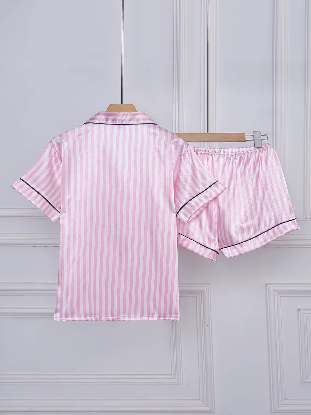 Women's Satin Pajama Set | Striped Embroidery | Short Sleeve & Shorts | Steven & Levon