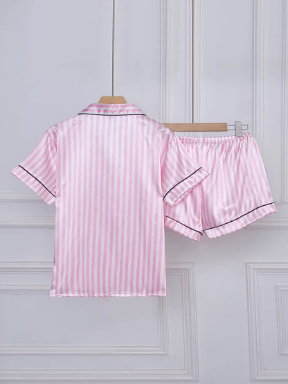 Women's Satin Pajama Set | Striped Embroidery | Short Sleeve & Shorts | Steven & Levon