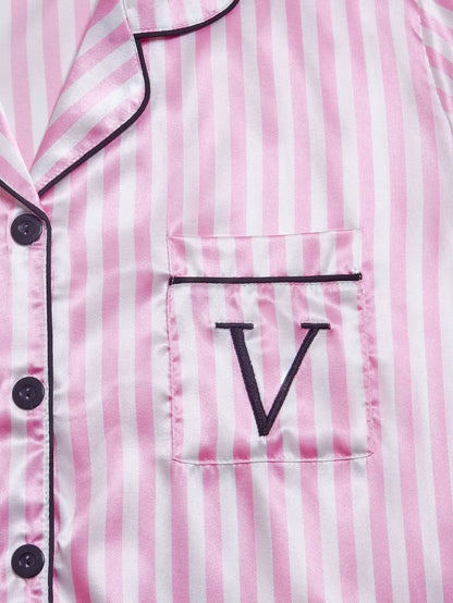 Women's Satin Pajama Set | Striped Embroidery | Short Sleeve & Shorts | Steven & Levon