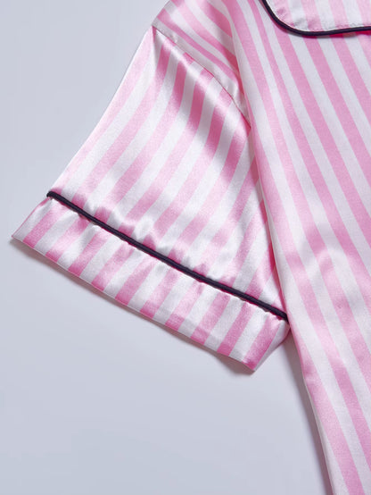 Women's Satin Pajama Set | Striped Embroidery | Short Sleeve & Shorts | Steven & Levon