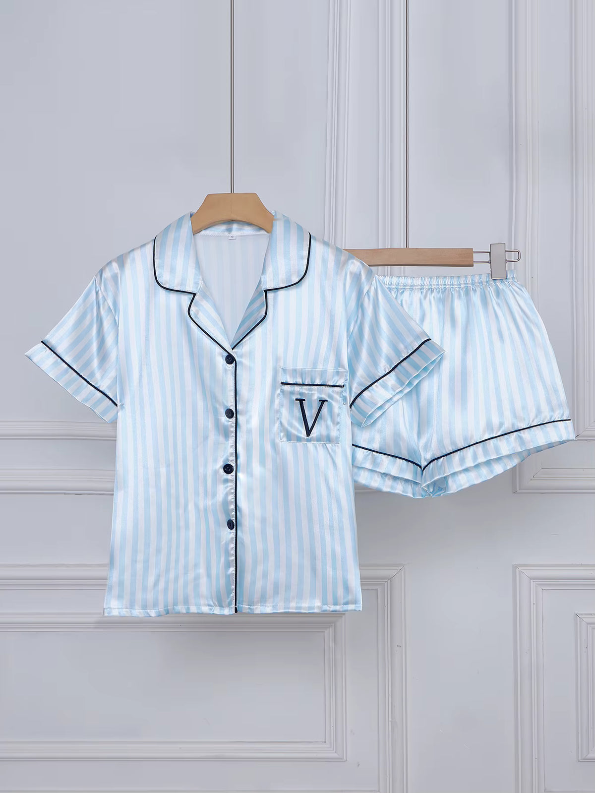 Women's Satin Pajama Set | Striped Embroidery | Short Sleeve & Shorts | Steven & Levon
