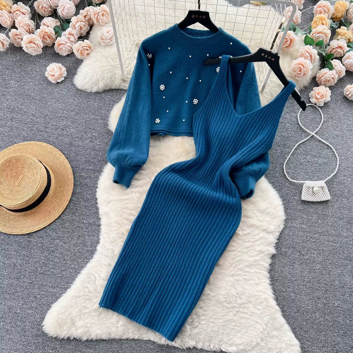 Women's Two-Piece Knit Dress Set | Fit | Long Sleeve | Ribbed Midi Dress | Blue | Steven & Levon