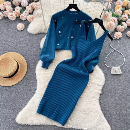 Women's Two-Piece Knit Dress Set | Fit | Long Sleeve | Ribbed Midi Dress | Blue | Steven & Levon