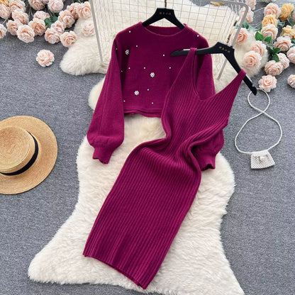 Women's Two-Piece Knit Dress Set | Fit | Long Sleeve | Ribbed Midi Dress | Blue | Steven & Levon