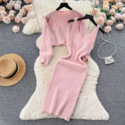 Women's Two-Piece Knit Dress Set | Fit | Long Sleeve | Ribbed Midi Dress | Blue | Steven & Levon