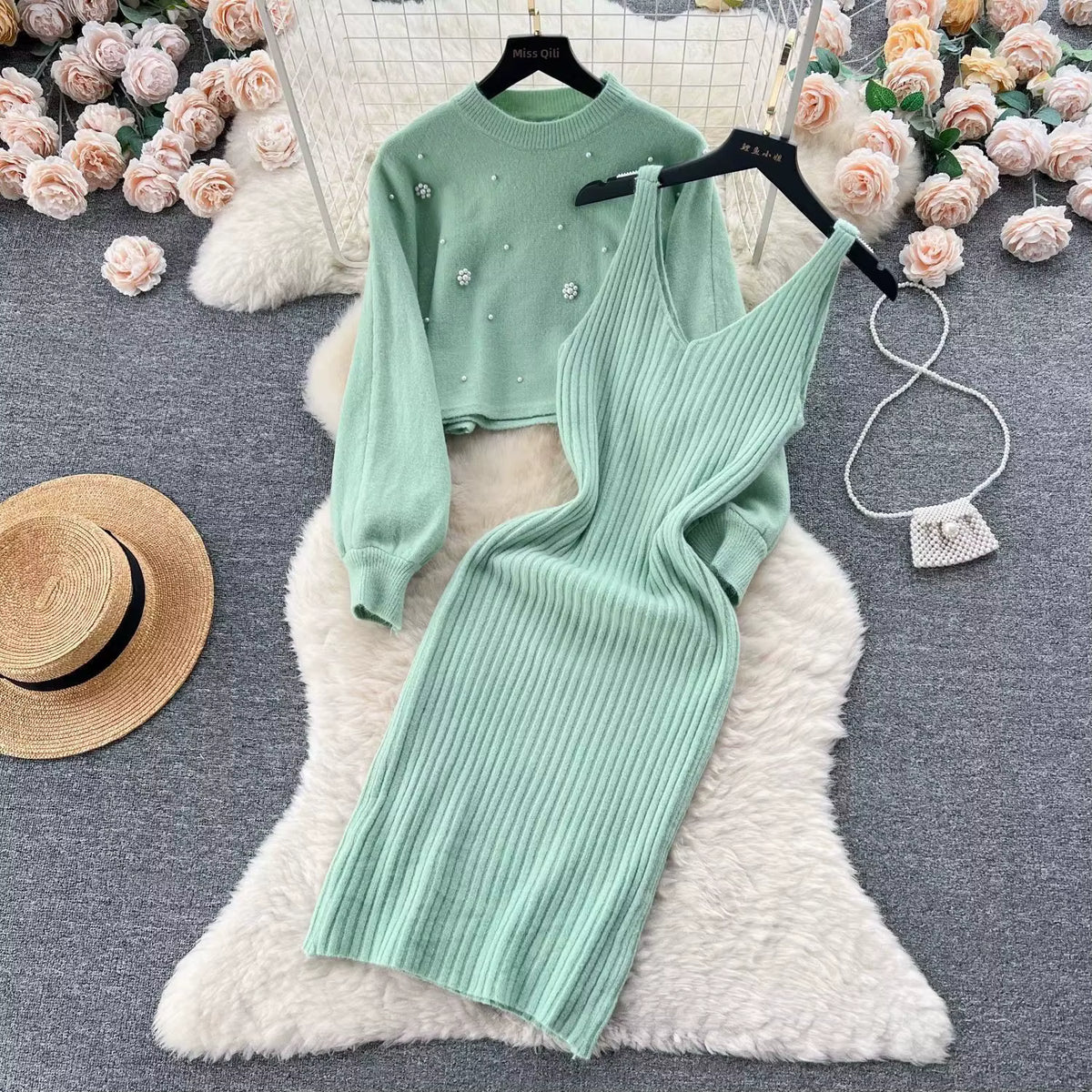 Women's Two-Piece Knit Dress Set | Fit | Long Sleeve | Ribbed Midi Dress | Blue | Steven & Levon
