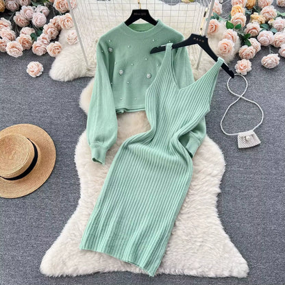 Women's Two-Piece Knit Dress Set | Fit | Long Sleeve | Ribbed Midi Dress | Blue | Steven & Levon