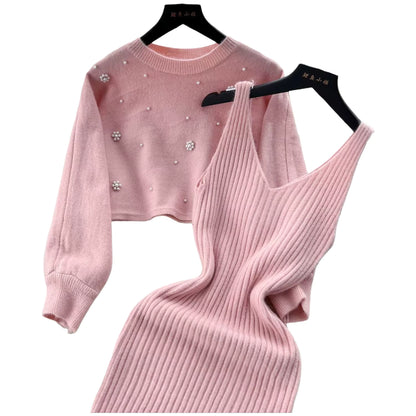 Women's Two-Piece Knit Dress Set | Fit | Long Sleeve | Ribbed Midi Dress | Blue | Steven & Levon
