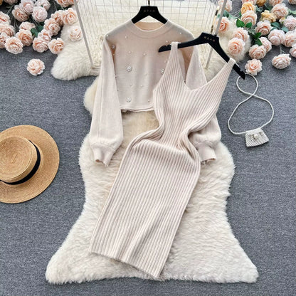 Women's Two-Piece Knit Dress Set | Fit | Long Sleeve | Ribbed Midi Dress | Blue | Steven & Levon