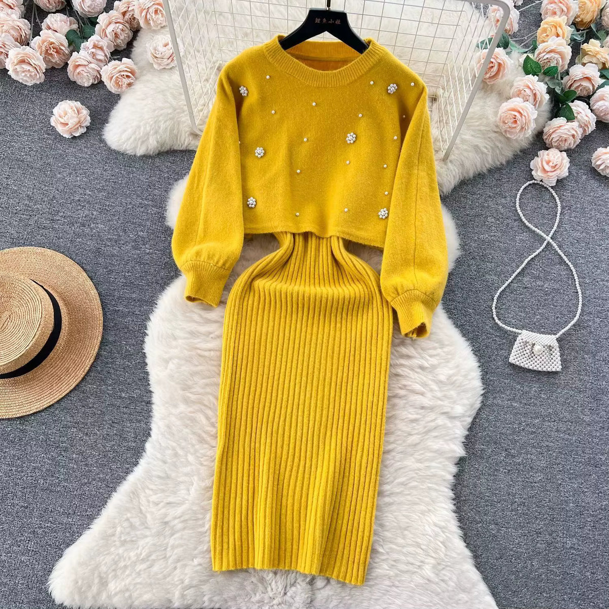 Women's Two-Piece Knit Dress Set | Fit | Long Sleeve | Ribbed Midi Dress | Blue | Steven & Levon