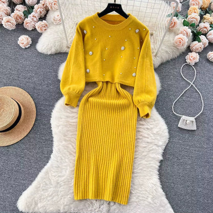 Women's Two-Piece Knit Dress Set | Fit | Long Sleeve | Ribbed Midi Dress | Blue | Steven & Levon