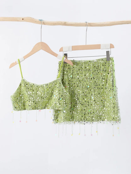 Women's Sequin Co Ord Set | Tassel Detail | Square Neck Top | Mini Skirt | Steven & Levon