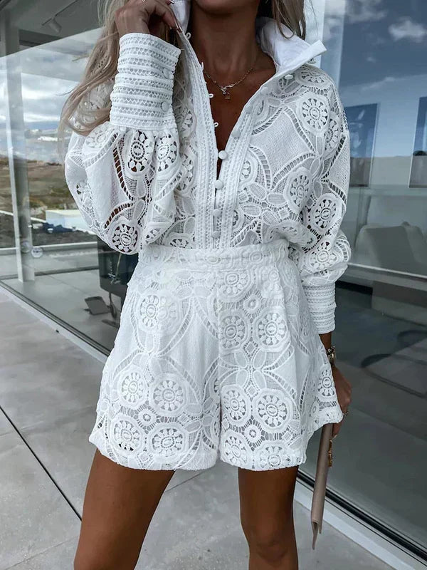 Women's Two-Piece Lace Set | Long-Sleeve Blouse & Shorts | Relaxed Fit | Steven & Levon