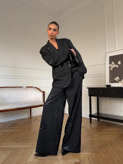Women's Sequin Blazer | Co Ord Set | Wide Leg Trousers | Black | Steven & Levon