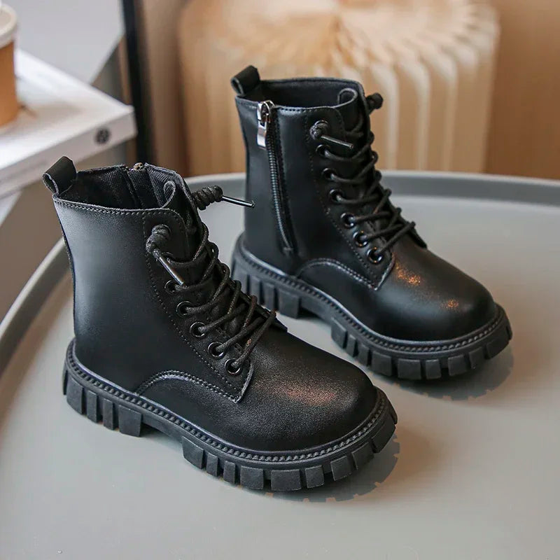 Girls Lace-Up Ankle Boots | Leather School Boots | Non-Slip Platform Casual Boots | Steven & Levon