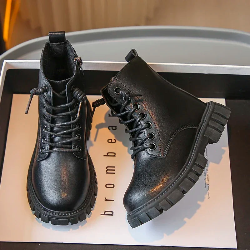 Girls Lace-Up Ankle Boots | Leather School Boots | Non-Slip Platform Casual Boots | Steven & Levon