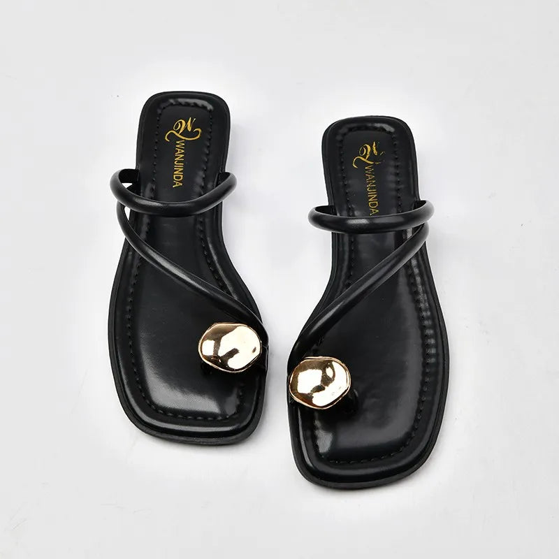 Women's Strappy Slide Sandals | Slip-On Flat Sandals | Faux Leather | Gold Accent Comfort Summer Slides | Steven & Levon