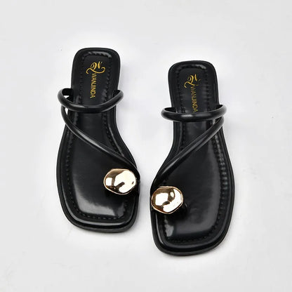 Women's Strappy Slide Sandals | Slip-On Flat Sandals | Faux Leather | Gold Accent Comfort Summer Slides | Steven & Levon