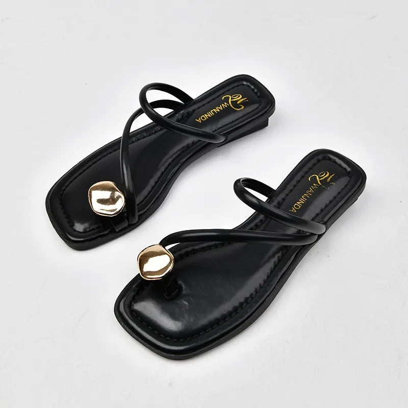 Women's Strappy Slide Sandals | Slip-On Flat Sandals | Faux Leather | Gold Accent Comfort Summer Slides | Steven & Levon