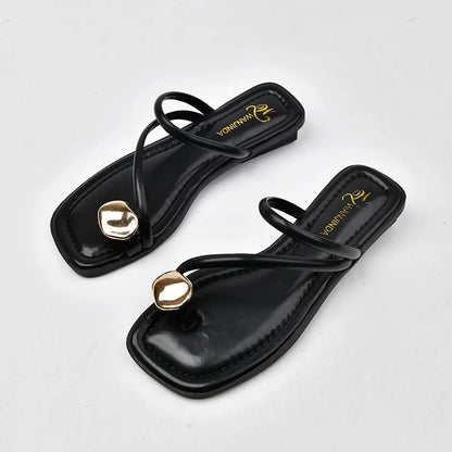Women's Strappy Slide Sandals | Slip-On Flat Sandals | Faux Leather | Gold Accent Comfort Summer Slides | Steven & Levon