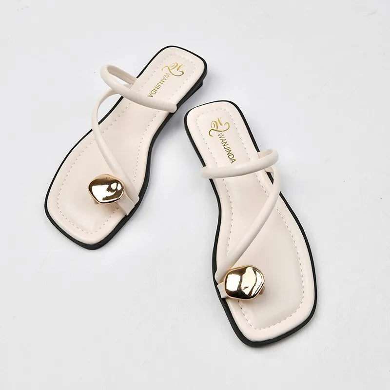 Women's Strappy Slide Sandals | Slip-On Flat Sandals | Faux Leather | Gold Accent Comfort Summer Slides | Steven & Levon