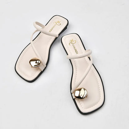 Women's Strappy Slide Sandals | Slip-On Flat Sandals | Faux Leather | Gold Accent Comfort Summer Slides | Steven & Levon