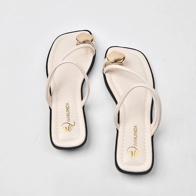 Women's Strappy Slide Sandals | Slip-On Flat Sandals | Faux Leather | Gold Accent Comfort Summer Slides | Steven & Levon