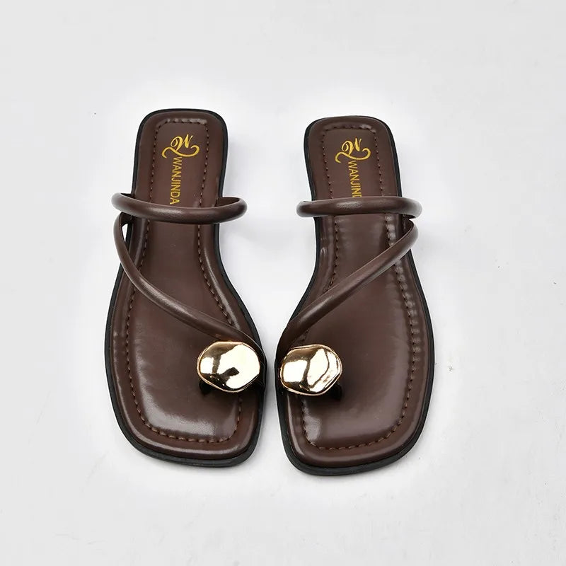 Women's Strappy Slide Sandals | Slip-On Flat Sandals | Faux Leather | Gold Accent Comfort Summer Slides | Steven & Levon