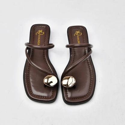 Women's Strappy Slide Sandals | Slip-On Flat Sandals | Faux Leather | Gold Accent Comfort Summer Slides | Steven & Levon