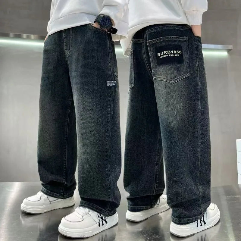 Boys Loose Fit Denim Jeans | Kids | Straight Leg | Letter Patch | Casual Everyday Pants | Steven & Levon