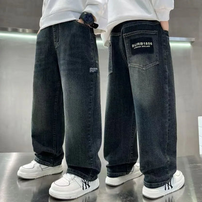 Boys Loose Fit Denim Jeans | Kids | Straight Leg | Letter Patch | Casual Everyday Pants | Steven & Levon