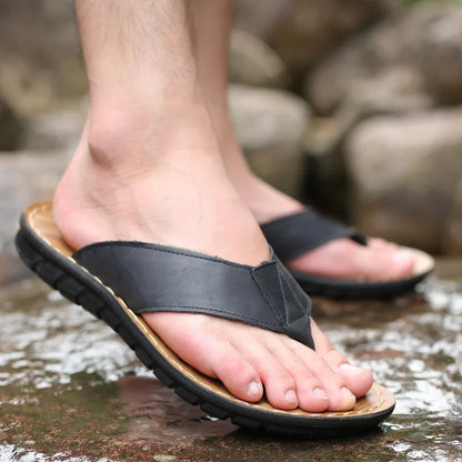 Men's Leather Flip Flops | Sandals | Non-Slip Comfort Sole | Casual Beach Slippers | Steven & Levon