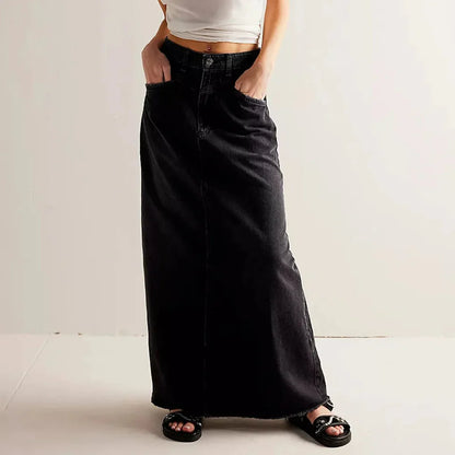Women's High Waist Denim Maxi Skirt | Women | Straight Fit | Raw Hem | 5-Pocket Long Skirt | Steven & Levon