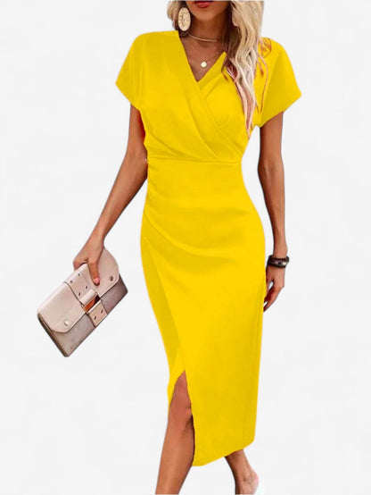 Formal Summer Maxi Dress | Women | Wrap V-Neck Side Slit Short Sleeve | Steven & Levon