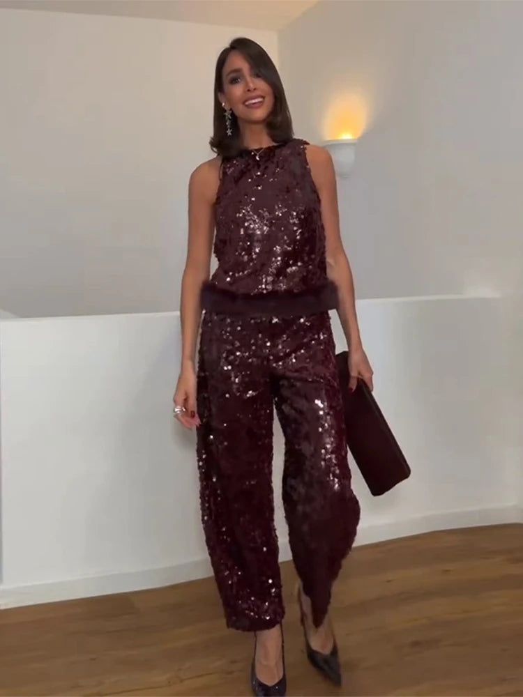 Women's Sequin Fur Patchwork Top | Co Ord Set | Wide Leg Jeans | Steven & Levon