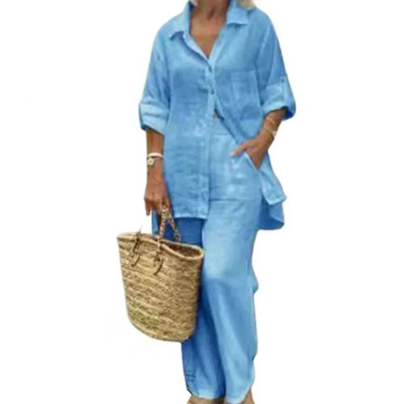 Women's Oversized Linen Blend Set | Long Sleeve Blouse & Wide-Leg Trousers | Relaxed Fit | Steven & Levon