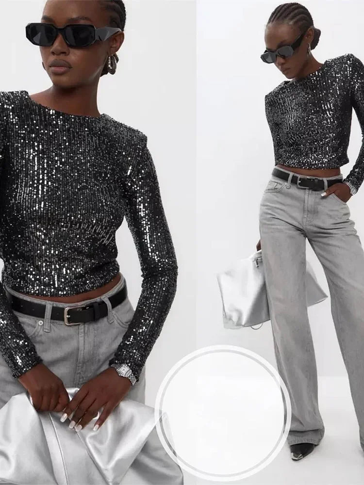 Sequin Cropped Top | Women | Sparkly Party Top | Evening Wear | Steven & Levon