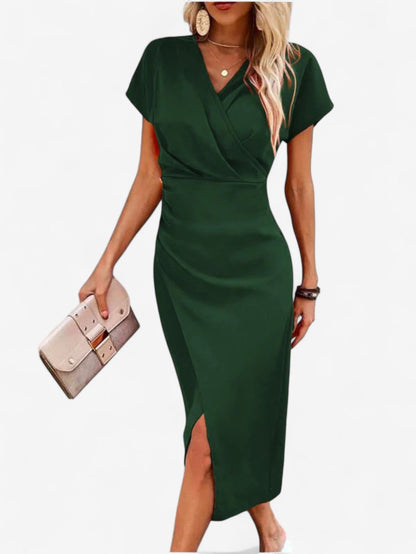Formal Summer Maxi Dress | Women | Wrap V-Neck Side Slit Short Sleeve | Steven & Levon