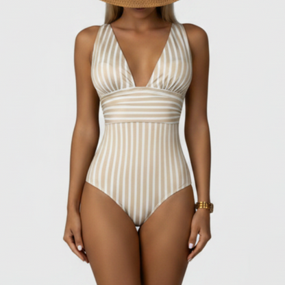 Striped One-Piece Swimsuit | Women | Nylon & Spandex Blend | V-Neck Stretch Fit Swimwear | Steven & Levon