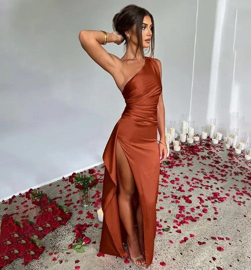 Elegant Wedding Guest Maxi Dress | Women | One-Shoulder High Slit Evening Gown | Formal Occasion Wear | Steven & Levon