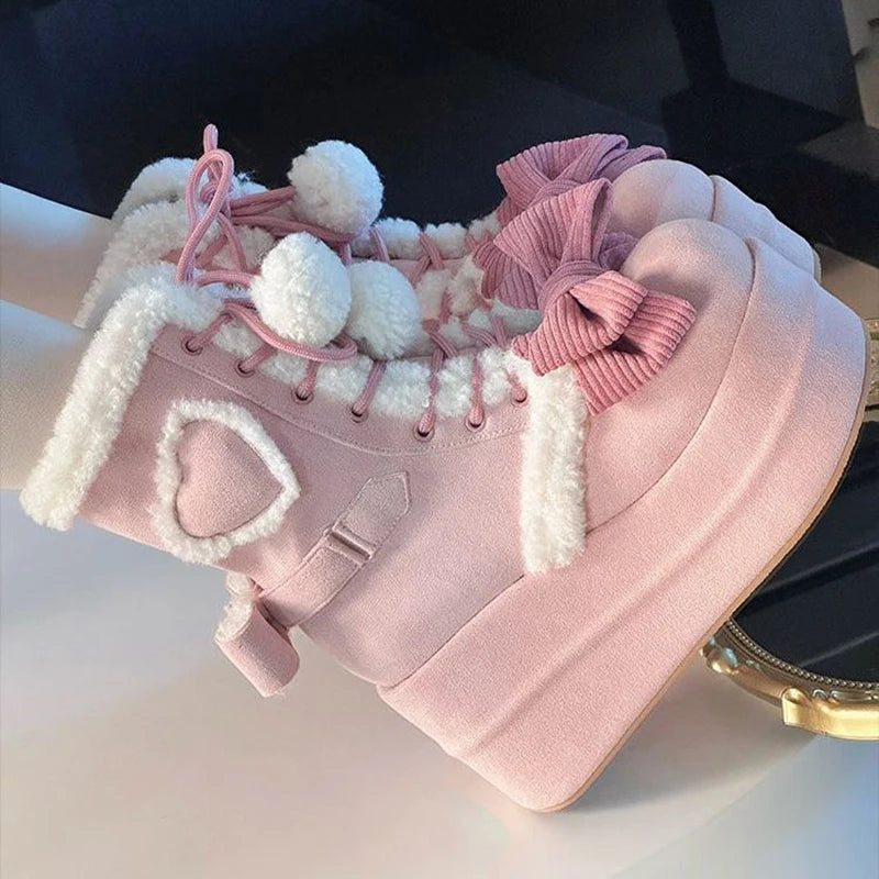 Women's Flannel Snow Boots | Lace Up Mid Calf Boots | Bow Detail Wedge Winter Shoes | Steven & Levon