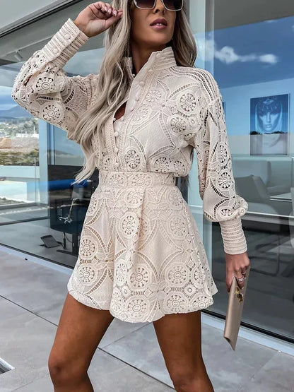 Women's Two-Piece Lace Set | Long-Sleeve Blouse & Shorts | Relaxed Fit | Steven & Levon