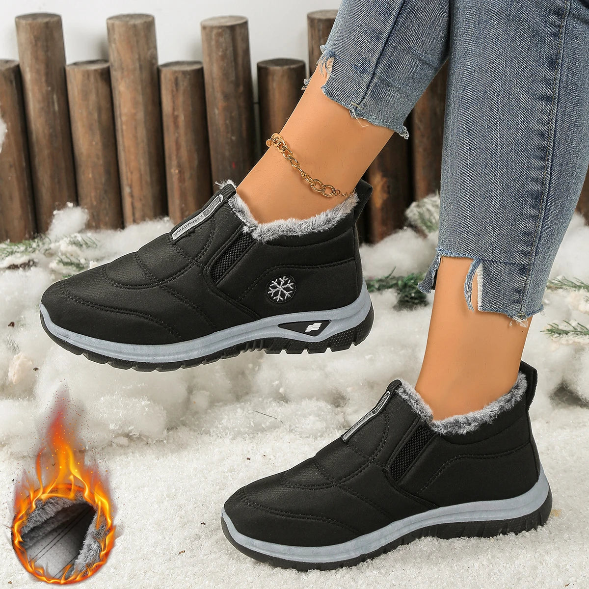 Women's Canvas Snow Boots | Slip On Ankle Boots | Faux Fur Lined Winter Shoes | Steven & Levon