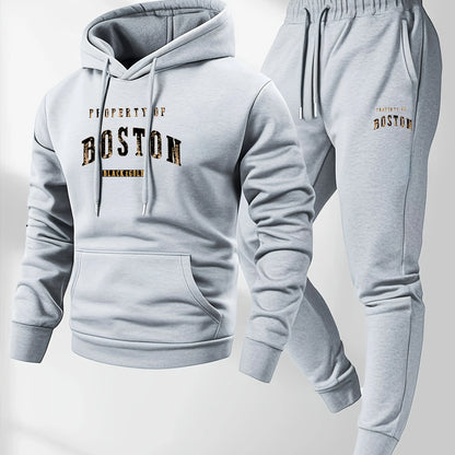 Boston Print Hoodie | Sweatpants Casual Two Piece Set | Men's Tracksuit | Steven & Levon