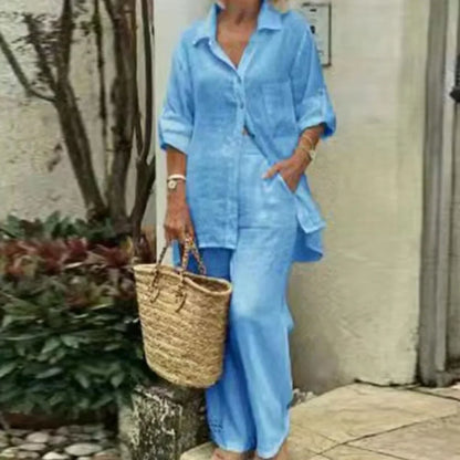 Women's Oversized Linen Blend Set | Long Sleeve Blouse & Wide-Leg Trousers | Relaxed Fit | Steven & Levon