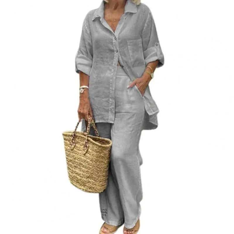 Women's Oversized Linen Blend Set | Long Sleeve Blouse & Wide-Leg Trousers | Relaxed Fit | Steven & Levon