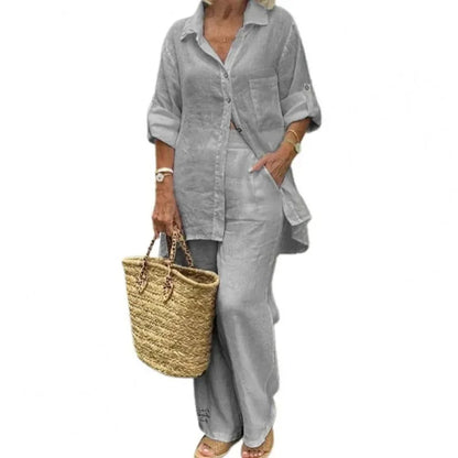 Women's Oversized Linen Blend Set | Long Sleeve Blouse & Wide-Leg Trousers | Relaxed Fit | Steven & Levon