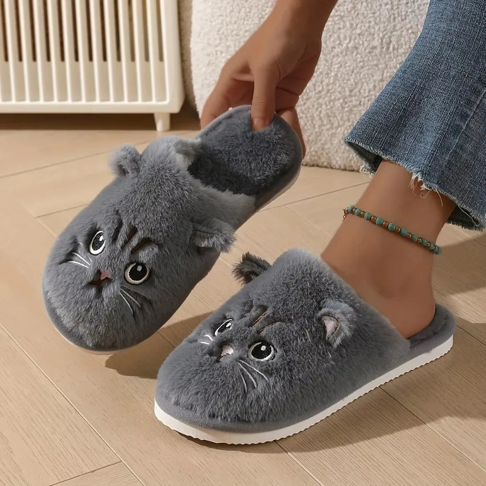Women's Plush Cat Slippers | Polyester Upper | Non Slip EVA Sole | Flat Heel | Steven & Levon