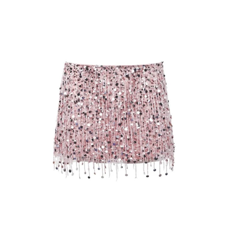 Women's Sequin Co Ord Set | Tassel Detail | Square Neck Top | Mini Skirt | Steven & Levon